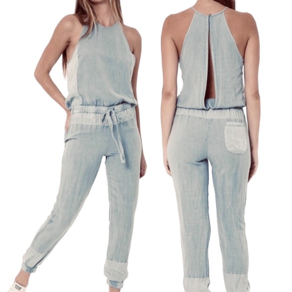 New Young Fabulous & Broke Open Back Jogger Jumpsuit Diego Pale Blue Size Large